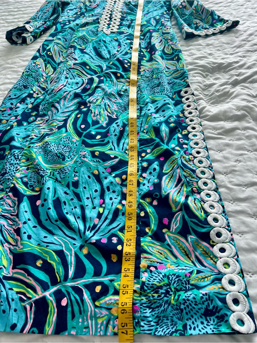 Lilly Pulitzer Shealyn Maxi Caftan Size 12 Navy Tropical Floral Cotton Lace Trim - Picture 15 of 16